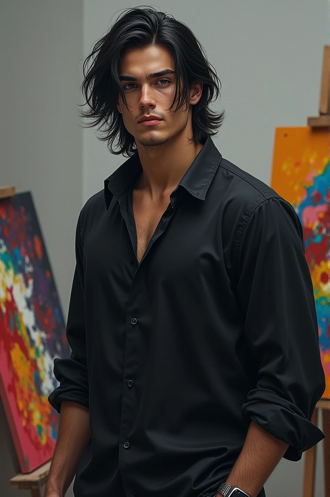 Handsome, realistic, muscular teenager
Tall with long black hair , with black clothes and handsome , beardless with a sad grayish background environment with his friends painting a colorful canvas , dressed all in black