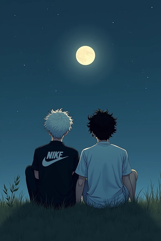 2 man , One is white with curly hair, wearing black Nike clothes, And the other is black with curly hair, wearing white Lacoste clothes,The two of them sat on the hill, looking at the moon, they both have 1,73 tall  "drawing style"