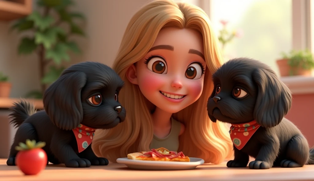 Cute girl with long blonde hair, 2 adorable black shih tzu puppies with big blue eyes wearing colorful collars and bandanas eating pizza 3D Pixar style