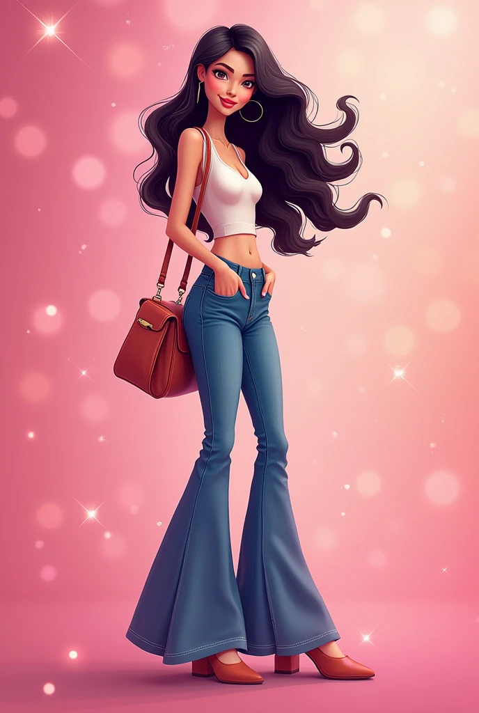 Create a logo for a clothing store with a pink background with sparkles and an animated woman wearing flared jeans and black hair, not large, with a purse, and in the center, it says "prettyy exclusive" in thin letters.