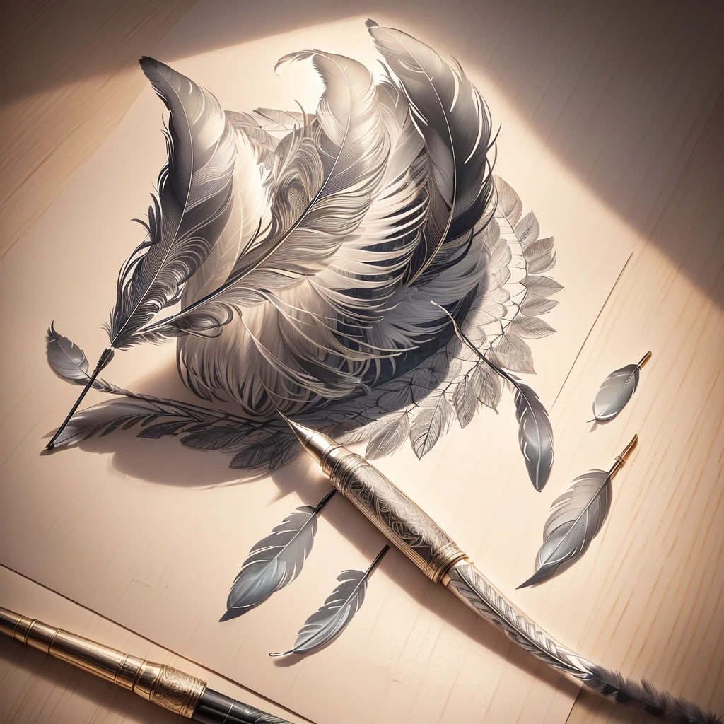 there is a pen and a drawing of a feather on a paper, feather pen, realistic. detailed feathers, made of feathers, detailed feathers, hyperrealistic illustration, highly detailed illustration, pen painting, high detailed illustration, artistic illustration, realistic illustration, photorealistic illustration, extremely detailed art, ultrarealistic illustration, ultra realistic illustration, highly detailed pen, anamorphic illustration