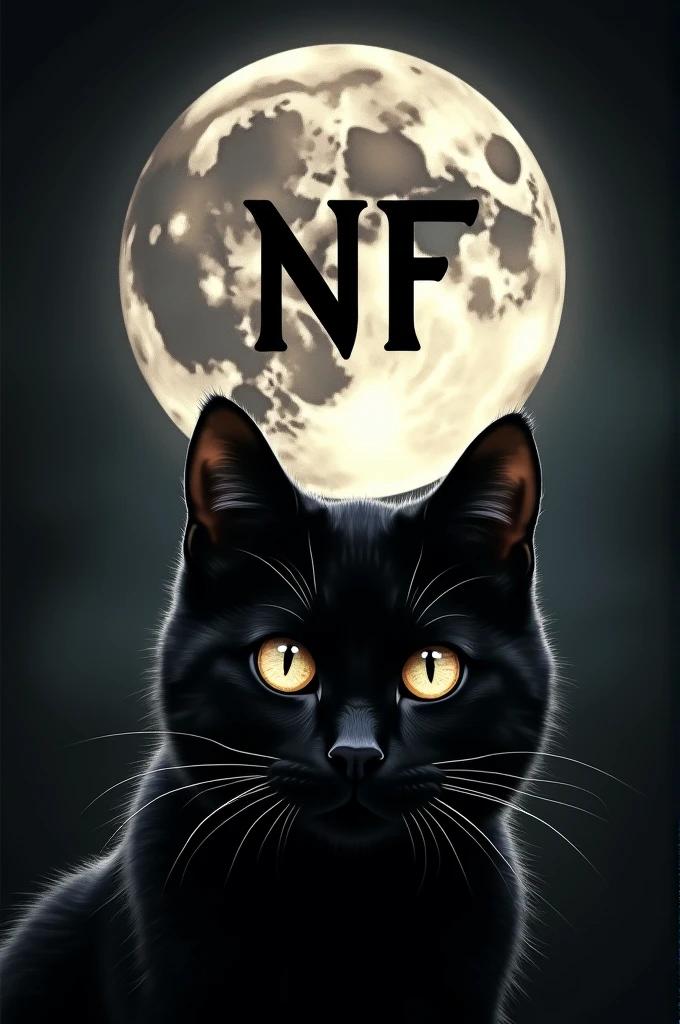Full moon with a black cat's eyes in the background and the letters NF in the center of the moon 