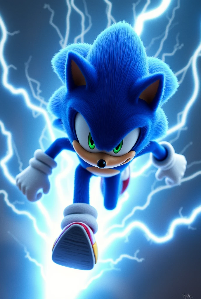 Sonic riding on a blue lightning bolt
