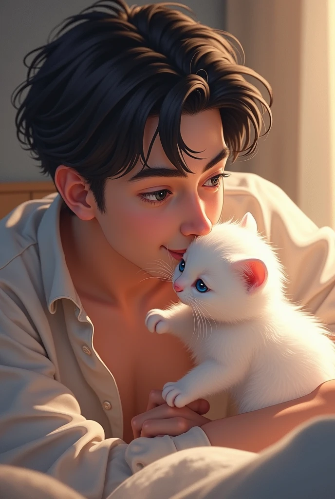 A guy with black hair and blue eyes is playing with a white kitten in the bed, he's 24, draw