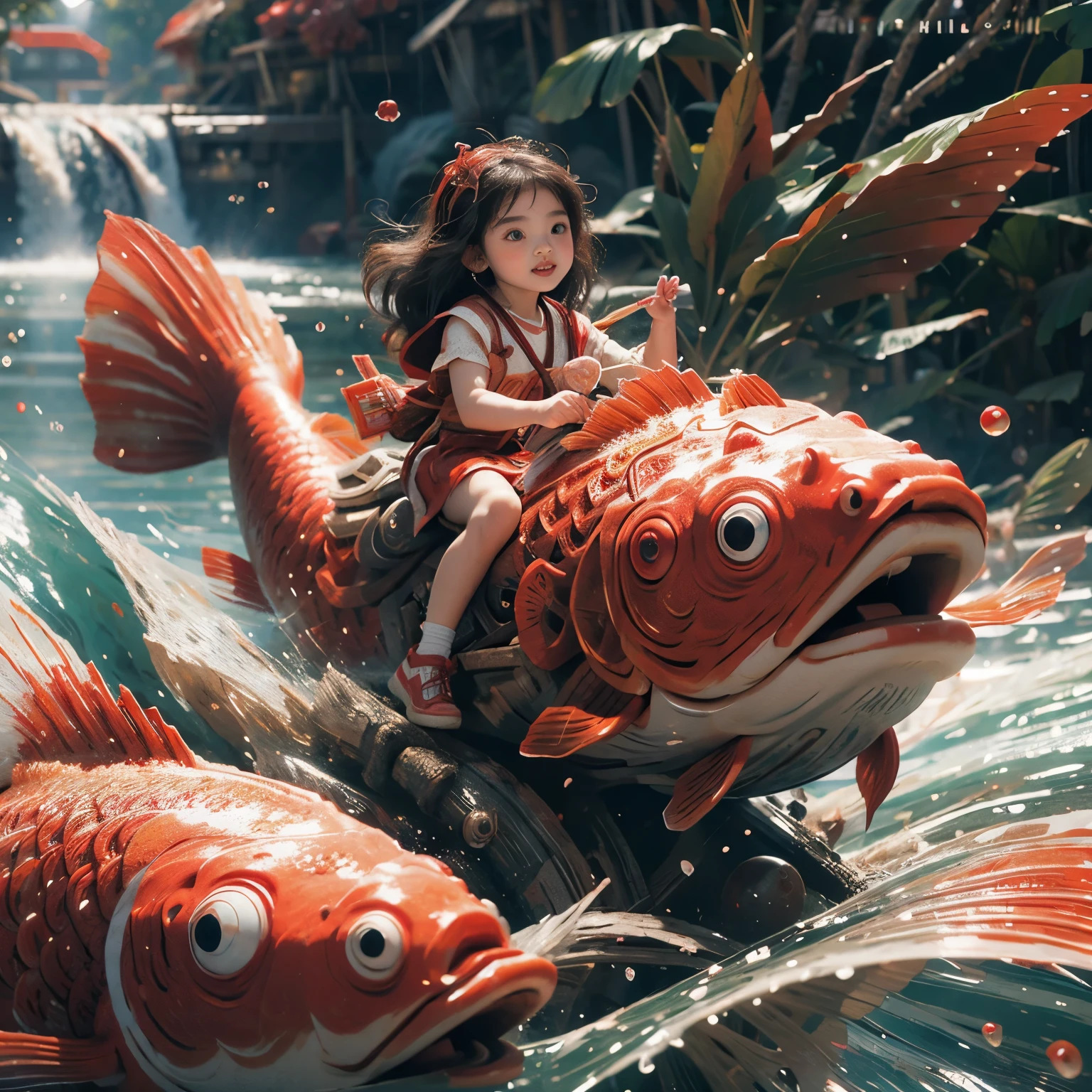  (ExtremelyDetailed(KAWAII GIRL Riding on a red fish)Only One Pair of Eyes), KAWAII kid with Japanese clothing, Detailed KAWAII face, 8K TopQuality Ultra-detailed Masterpiece(ProfessionalPhoto:1.37),(riding(climbing(Big Waterfalls))), Sparkling Water Particles, (Luminism:1.28), (Multiple Fish:-1.4)