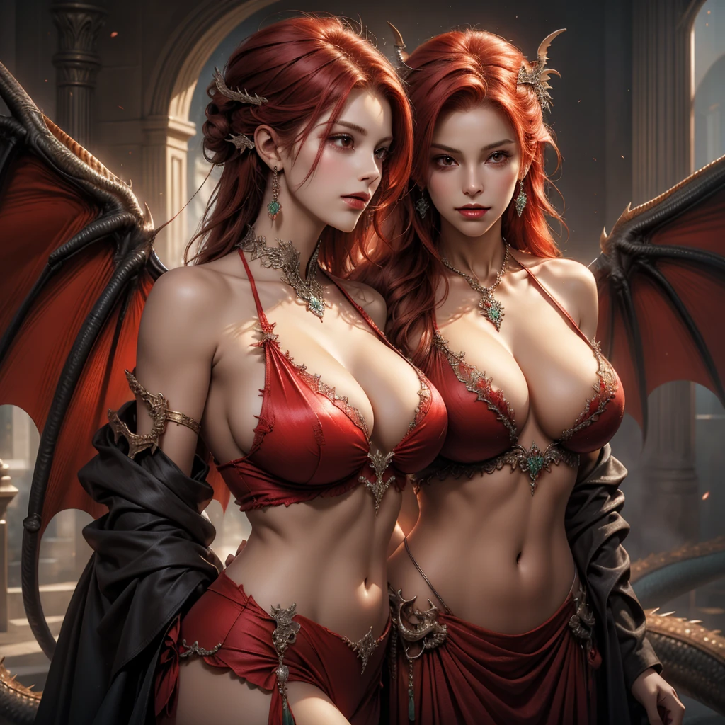 Beautiful sexy fresh nervous, high, delgado, Fit woman, intricate and very detailed, big breasts, firm and heavy, deep neckline, Red hair, body chain, diamond jewelry, bright, bright, Oh!, round cousin , sexy , Amazing , whole body, dragon girl, (((dragon wings)))