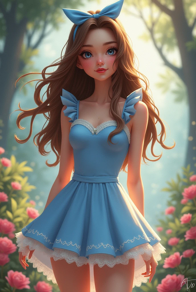 Brunette influencer, dress as Alice in Wonderland outfit, short blue dress, panties, bow in hair, cute smile
