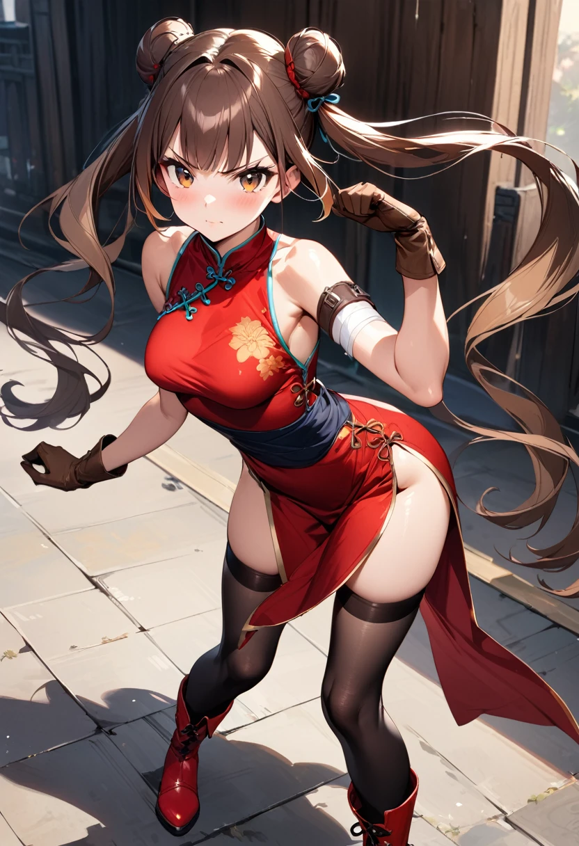 (masterpiece),(best quality),(ultra-detailed),(best illustration),(best shadow),(absurdres),(detailed background),(very aesthetic), 1girl, solo, thighhighs, chinese-clothes, gloves, very-long-hair, dress, hair-bun, twintails, china-dress, red-dress, double-bun, black-thighhighs, brown-hair, brown-eyes, full-body, red-footwear, pelvic-curtain, looking-at-viewer, bandages, blush, standing, breasts, bangs, armlet, sleeveless, fighting-stance, sleeveless-dress, brown-gloves, bare-shoulders, v-shaped-eyebrows, bandaged-arm, side-slit, medium-breasts, gradient-hair, boots, ankle-boots, floating-hair, closed-mouth, simple-background, hand-up, blunt-bangs, sash
