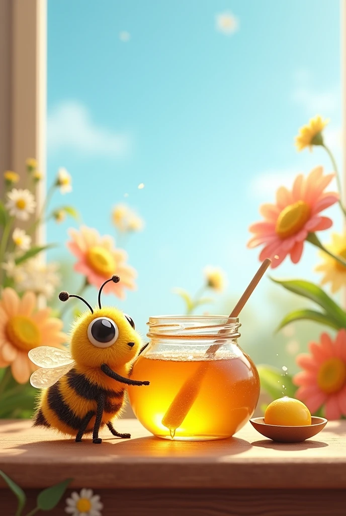 A beautiful, sparkling glass jar of honey with a wooden spoon containing honey, and honey dripping from the spoon as it sits diagonally beside the jar. A large, sweet, cute, chubby, furry bee with big eyes and pollen dusting its body sits near the jar. This honey jar rests on a wooden table surrounded by beautiful flowers on a sunny day with a blue sky.