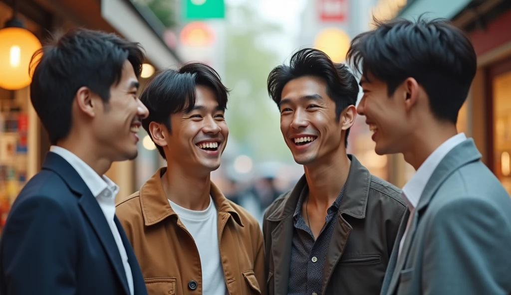Four Japanese male university students, dressed in stylish clothes, are facing each other and talking with bright expressions.,Excited, Photo of your face, With shopping as background, with a natural look, With a slightly tired look, tilt your face a little, Diagonal orientation, Average face