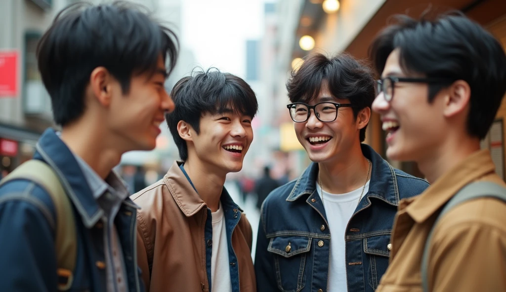 Four Japanese male university students, dressed in stylish clothes, are facing each other and talking with bright expressions.,Excited, Photo of your face, With shopping as background, with a natural look, With a slightly tired look, tilt your face a little, Diagonal orientation, Average face