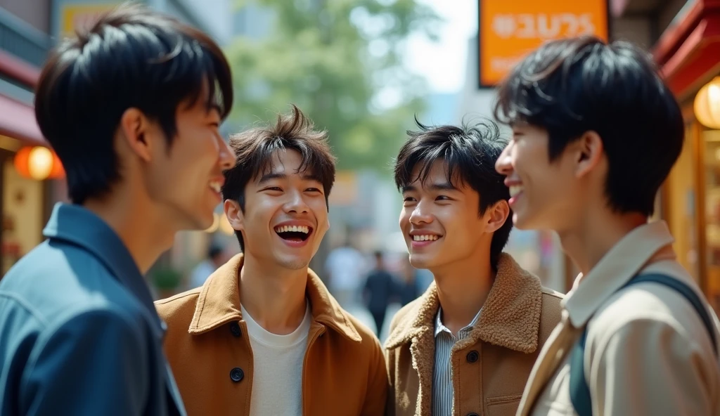 Four Japanese male university students, dressed in stylish clothes, are facing each other and talking with bright expressions.,Excited, Photo of your face, With shopping as background, with a natural look, With a slightly tired look, tilt your face a little, Diagonal orientation, Average face