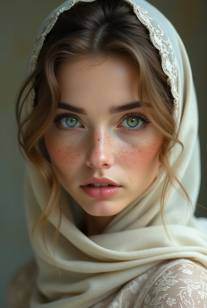 a beautiful woman with light brown hair, greeneyes, freckles and fair skin wearing a hijab