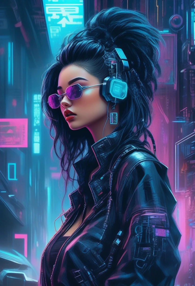 1 girl, Bblack hair, black jaket, cyber punk, cyber punk style, earbuds, Inside the house, jaket, jewerly, leathery, leathery jaket, lips, long hair, looking ahead at viewer, necklase, nase, clothes open, open jaket, parted lips, realisitic, chemise, standing alone, standing alone focus, trunk, uncanny, fancy