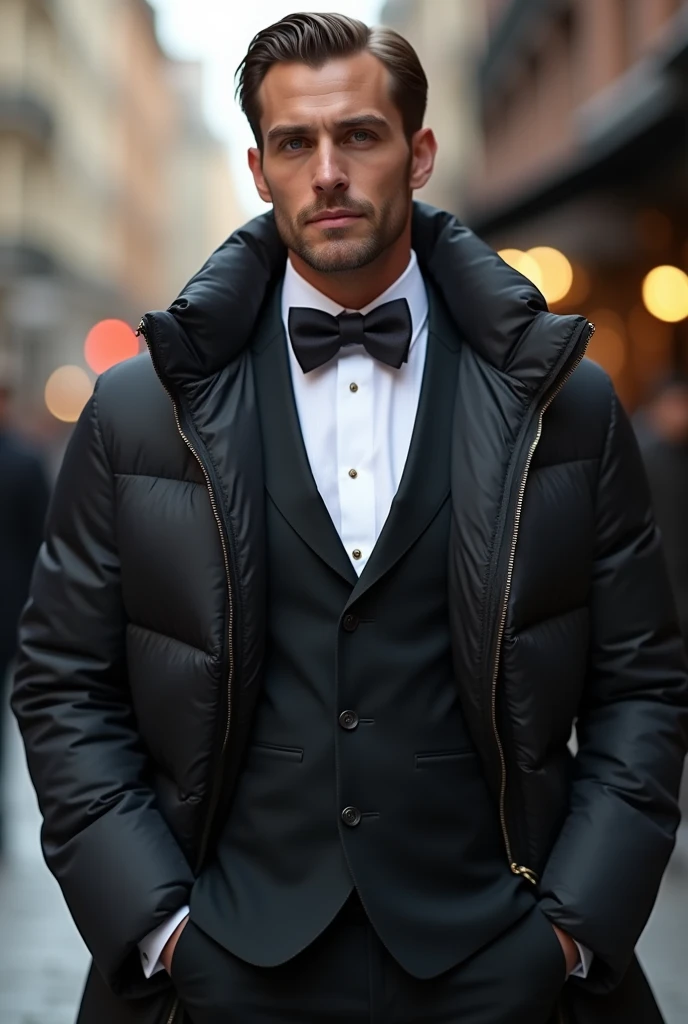 Bow tie suit and down jacket 