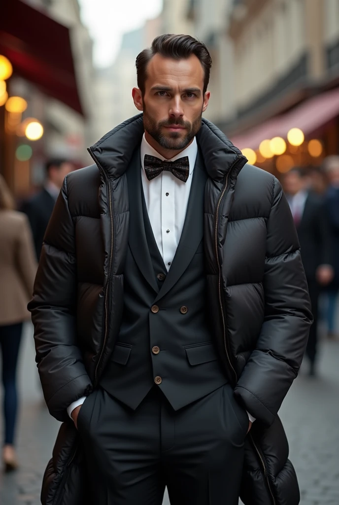 Bow tie suit and down jacket