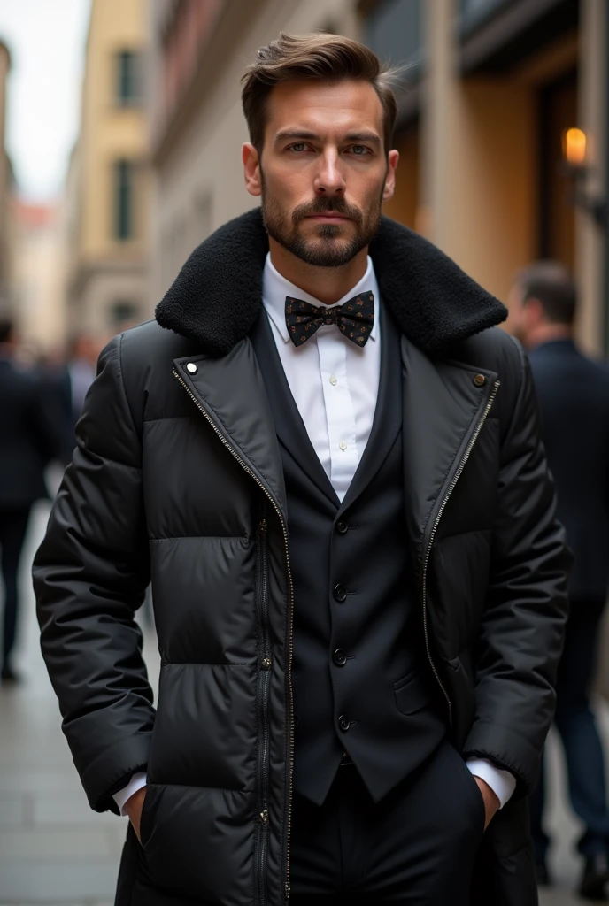 Bow tie suit and down jacket