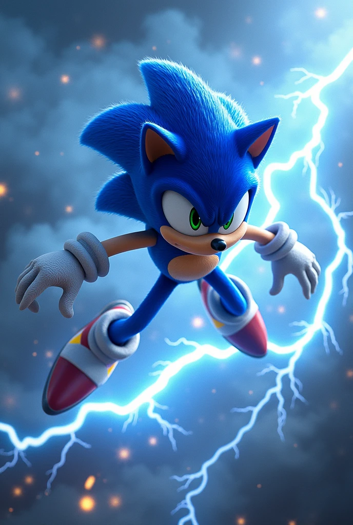 Sonic riding on a blue lightning bolt