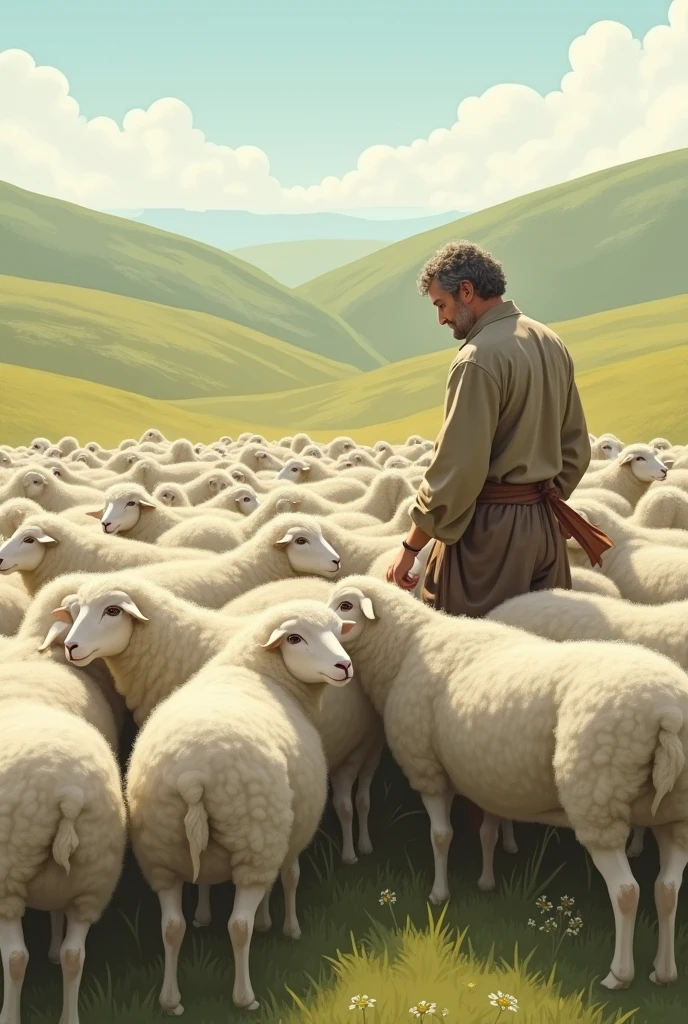 Many white sheep in the flock and their shepherd beside them counting them