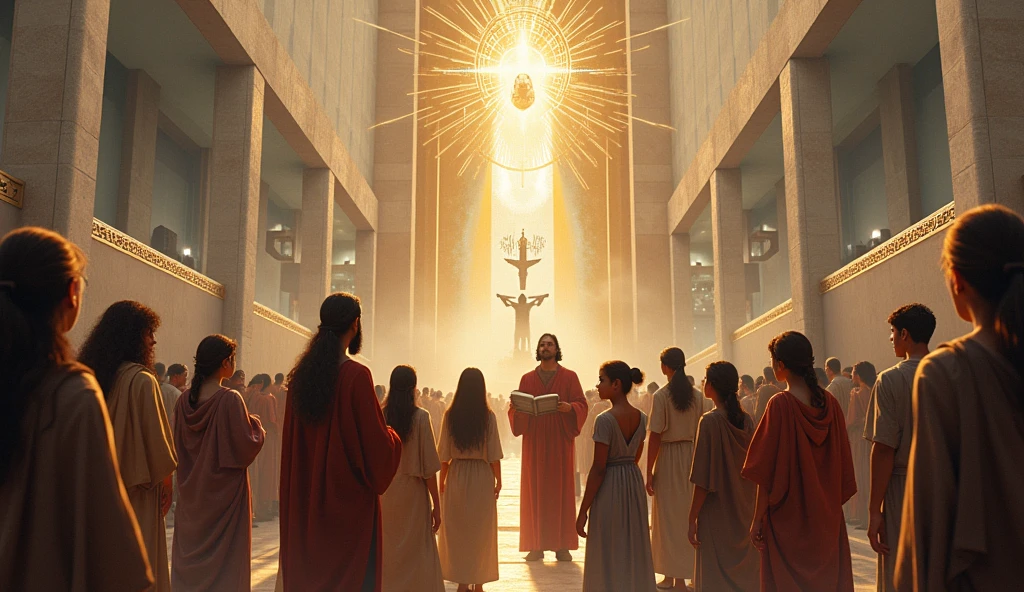 A scene of a new generation of youth being inspired by the teachings of the apostles. They are in a modern environment, but with traditional elements. Expressions of hope and inspiration.