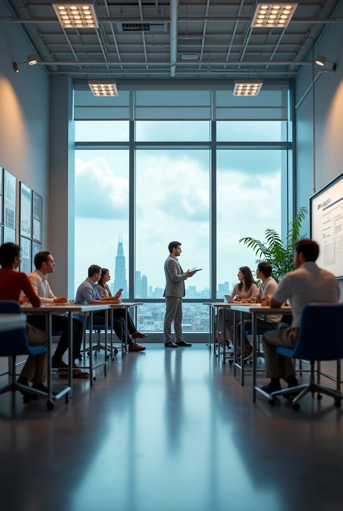 A modern college office environment, with tables and chairs in a meeting room. Wall plaques with charts and notes, a large window showing the cloudy sky outside, and a whiteboard with discussion topics. ..realisitic,cinematic, 8k 