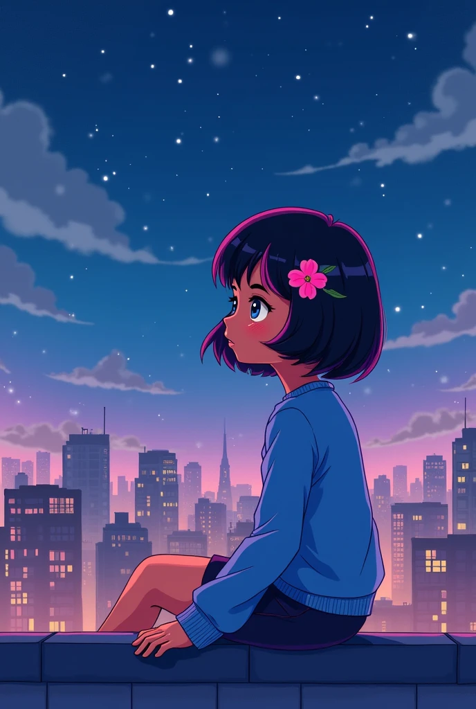 A beautiful iranian cartoon  girl with black hair and pink hair in front of her hair, her hair is short, while she has a beautiful flower in her hair, which is on the roof of the city. she is wearing blue top and its at night