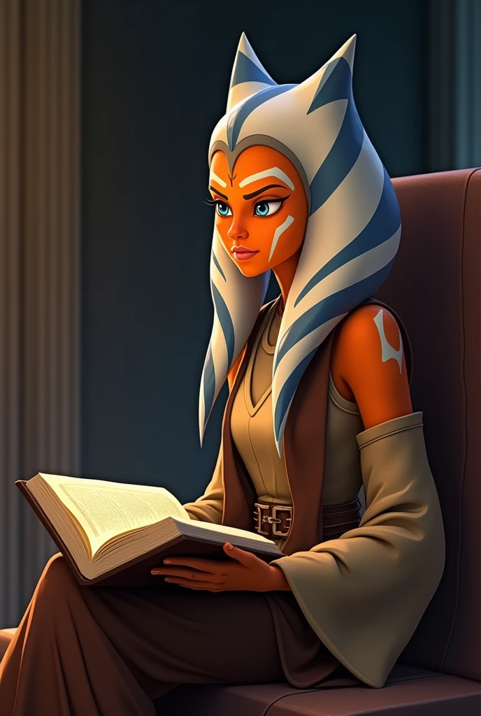 Ahsoka Tano from Star Wars reading a book, animated but not too animated., like in Star Wars: The Clone Wars, from the profile and illuminated,