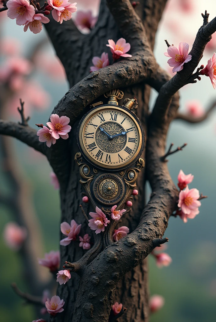 Clock Tattoo entangled in the high branches of a cherry tree