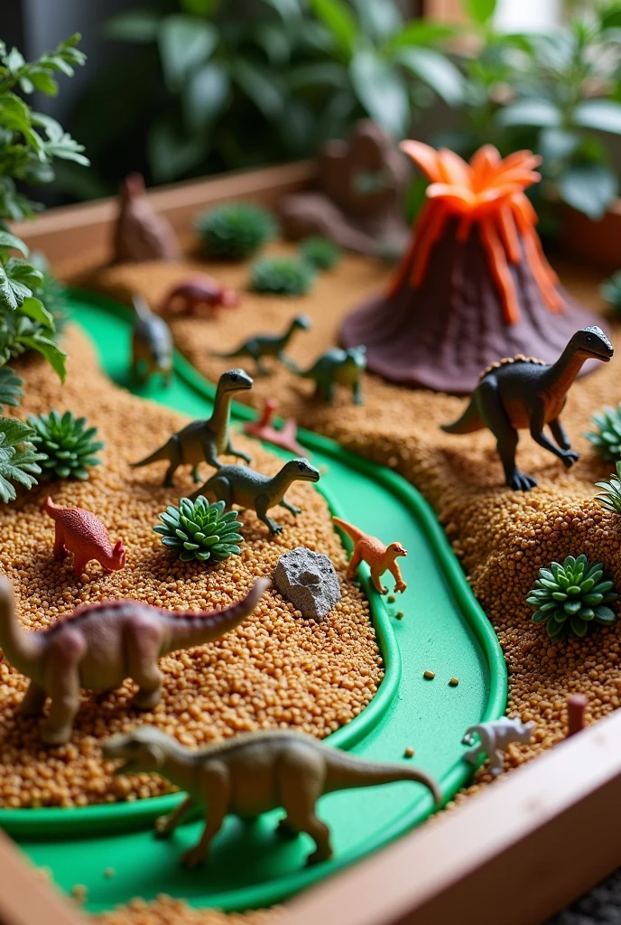 Create a sensory bin with dinosaur-themed lentils and dinosaur car tracks with green tracks and assorted colored lentils. Add a volcano.
