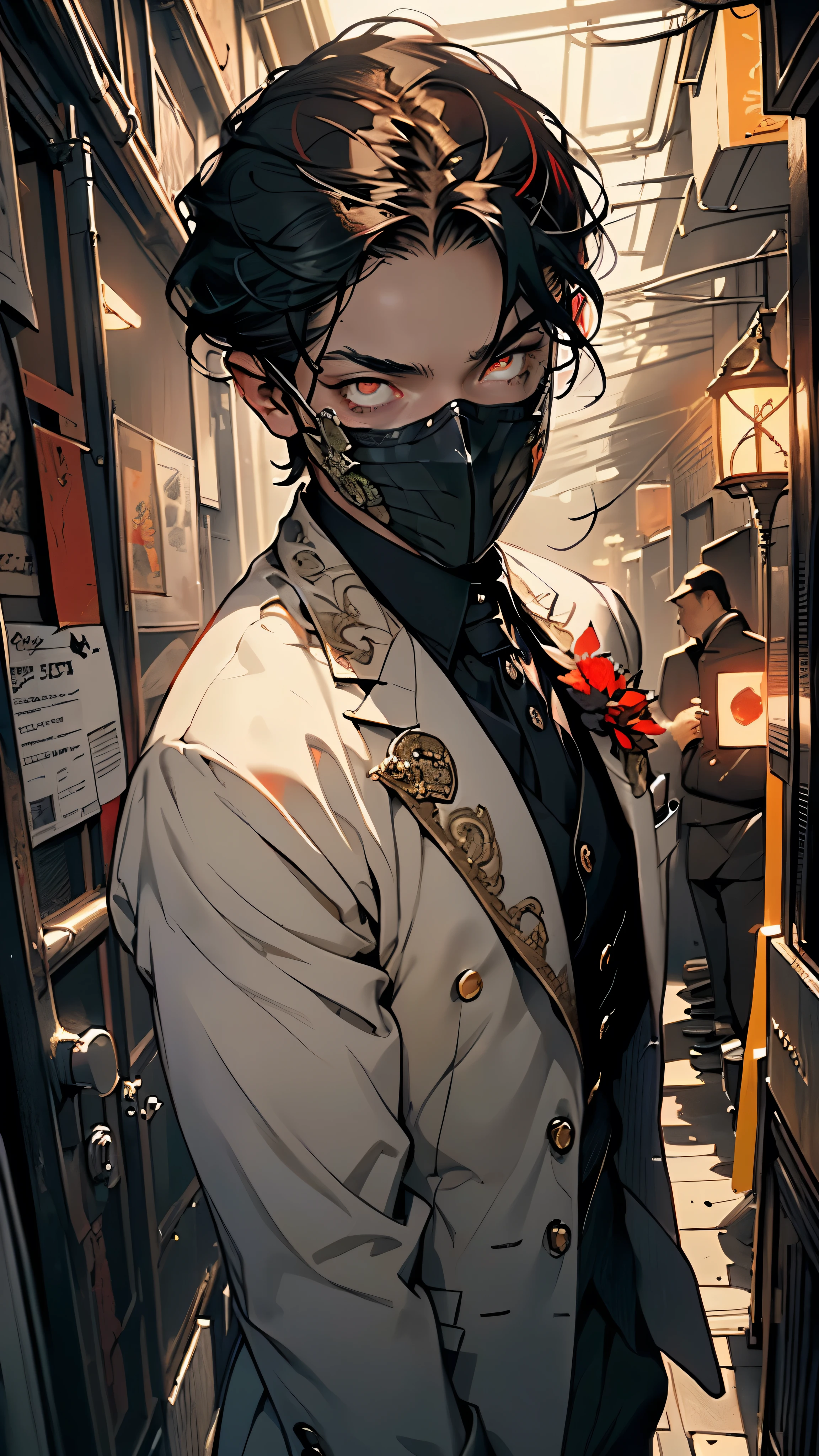 (((Phantom of the Opera))),(pectoral,man chest), (30 year old man),mature,((1male,1 male,1man,man,male gender:1.5,male focus)),(((gothic black hair))),(((red_eyes:1.3))),intricate eyes,beautiful detailed eyes,symmetrical eyes,
evil eyes,
((half face mask:1.5,masked upper part of face,Man with white mask)), horror, gothic,(((black tuxedo, red bow on white shirt))),((bulge in pants)),((intricate outfit,intricate clothes, elegant style clothes)),
(dynamic pose:1.0),mocking,(centered,scale to fit dimensions,Rule of thirds),
((((surrounded by tiny orbs of bright red light that float and spin around him)))),
indoor,((Victorian style dark palace at night)),scenery:1.25,intricate scenery,extremely scenery,((Victorian style dark palace in the background)),
(Glossy Victorian era ornaments),highres,sharp focus,(ultra detailed,extremely detailed),(photorealistic artwork:1.37),(extremely detailed CG unity 8k wallpaper),(((vibrant colors,vibrant theme))),(intricate),(masterpiece),(best quality),artistic photography,(photography taken by sldr),(intricate background),perfect rendered face,perfect face details,realistic face,photo realistic,((intricate detail)),(((realism))),