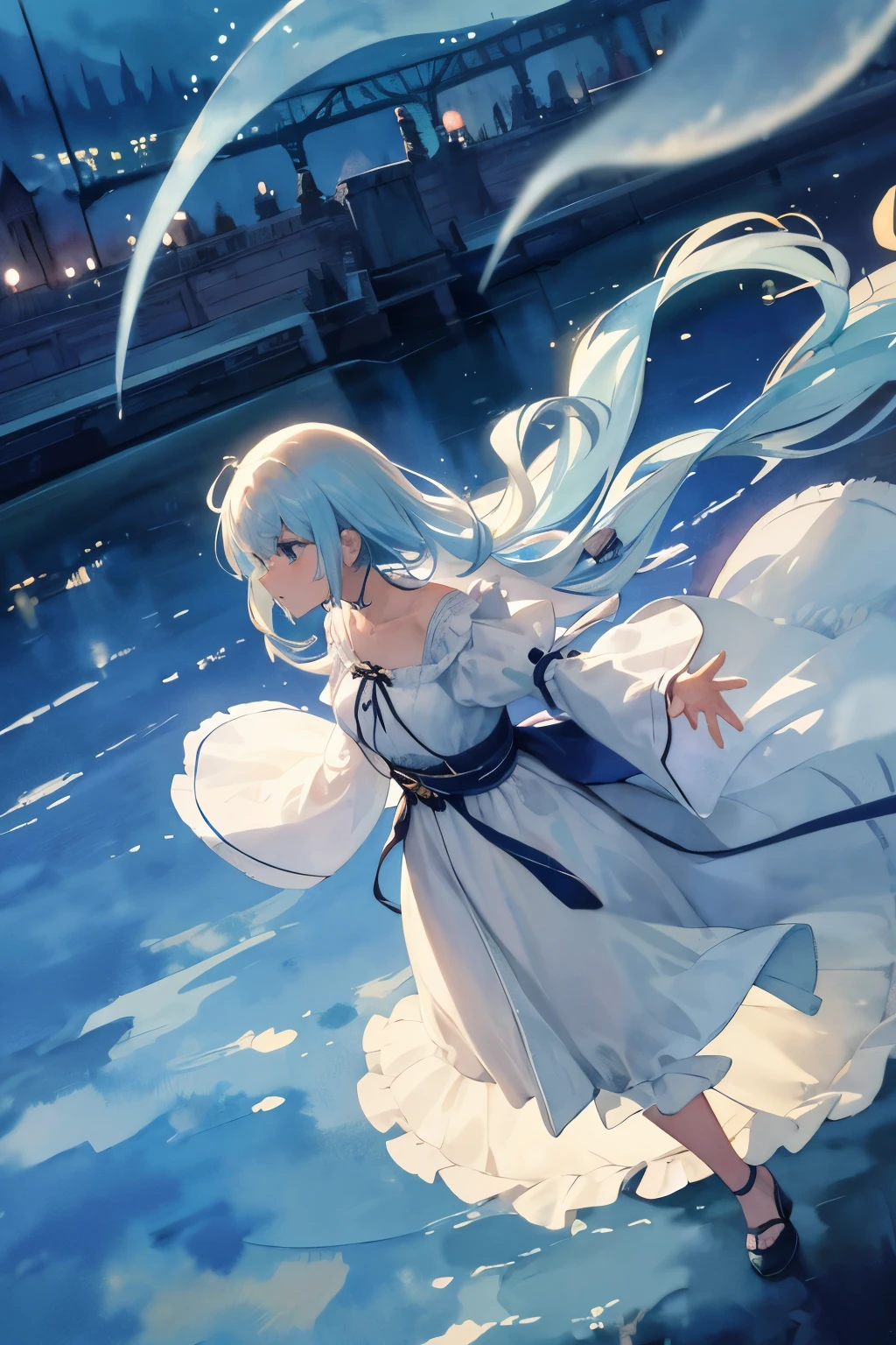 (Watercolor style, Ghost Art) + A majestic river with panoramic views + Costume bag (Overlooking) + (flow + Subtle reflection) + (blend + Splash) + (Light and shadow are clear + Swinging Dynamic)