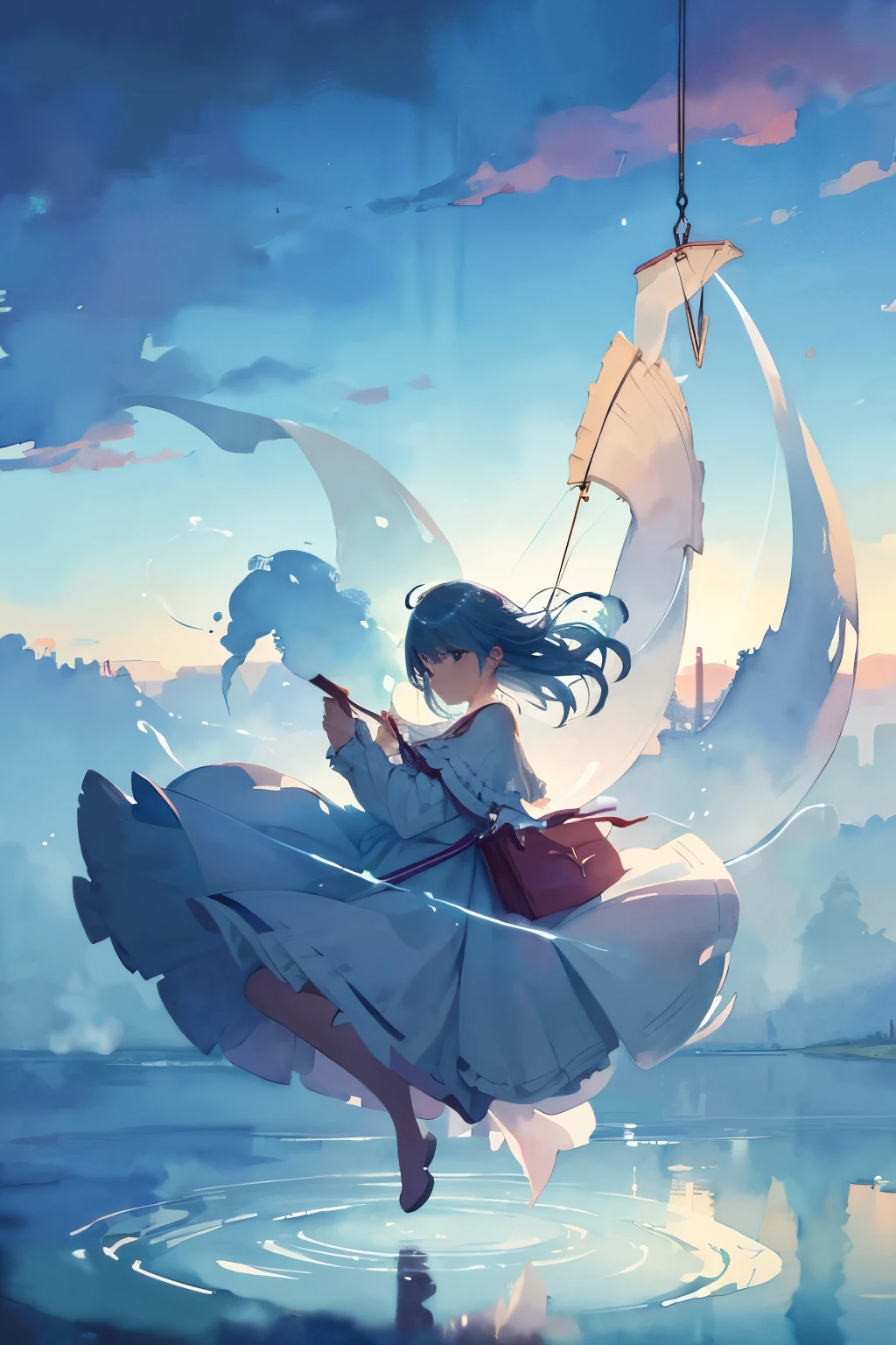 (Watercolor style, Ghost Art) + A majestic river with panoramic views + Costume bag (Overlooking) + (flow + Subtle reflection) + (blend + Splash) + (Light and shadow are clear + Swinging Dynamic)
