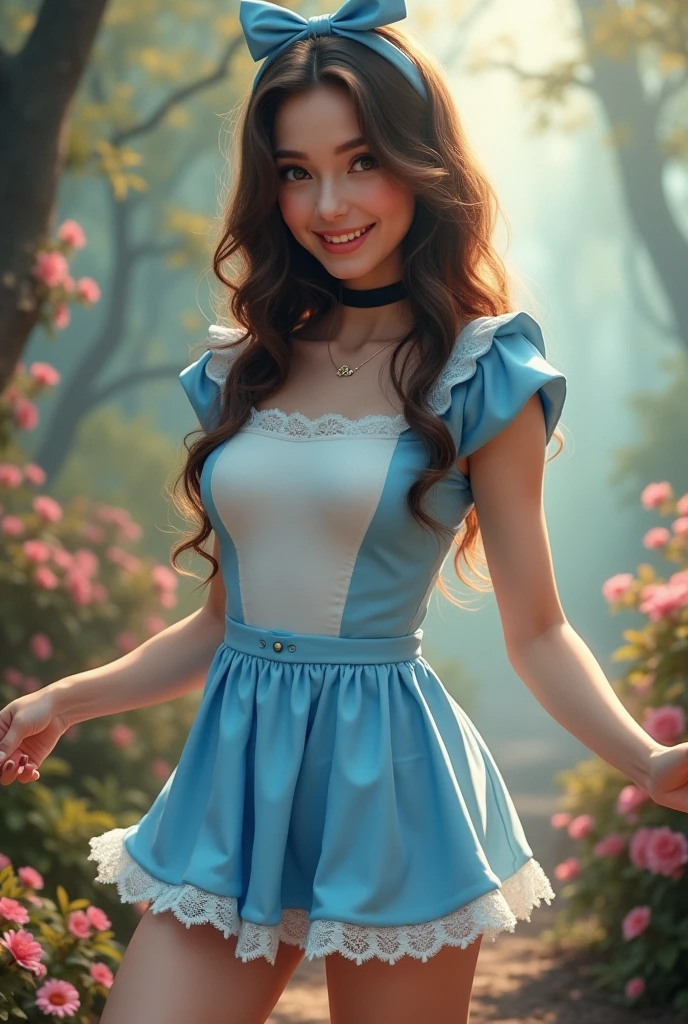 Brunette influencer, dress as Alice in Wonderland outfit, short blue dress, panties, bow in hair, cute smile
