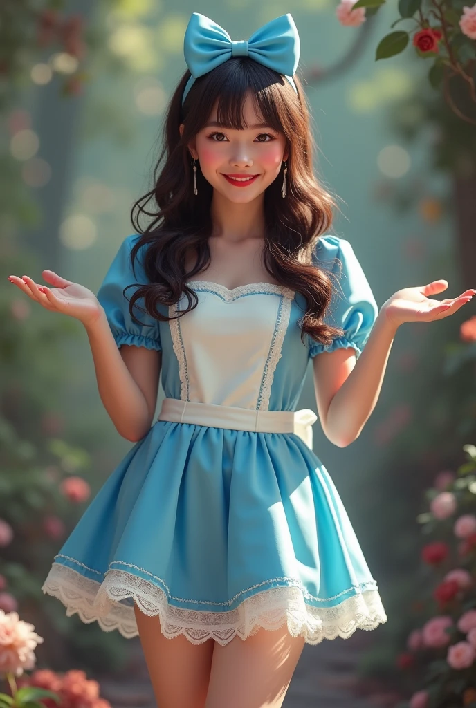 Brunette influencer, dress as Alice in Wonderland outfit, short blue dress, panties, bow in hair, cute smile