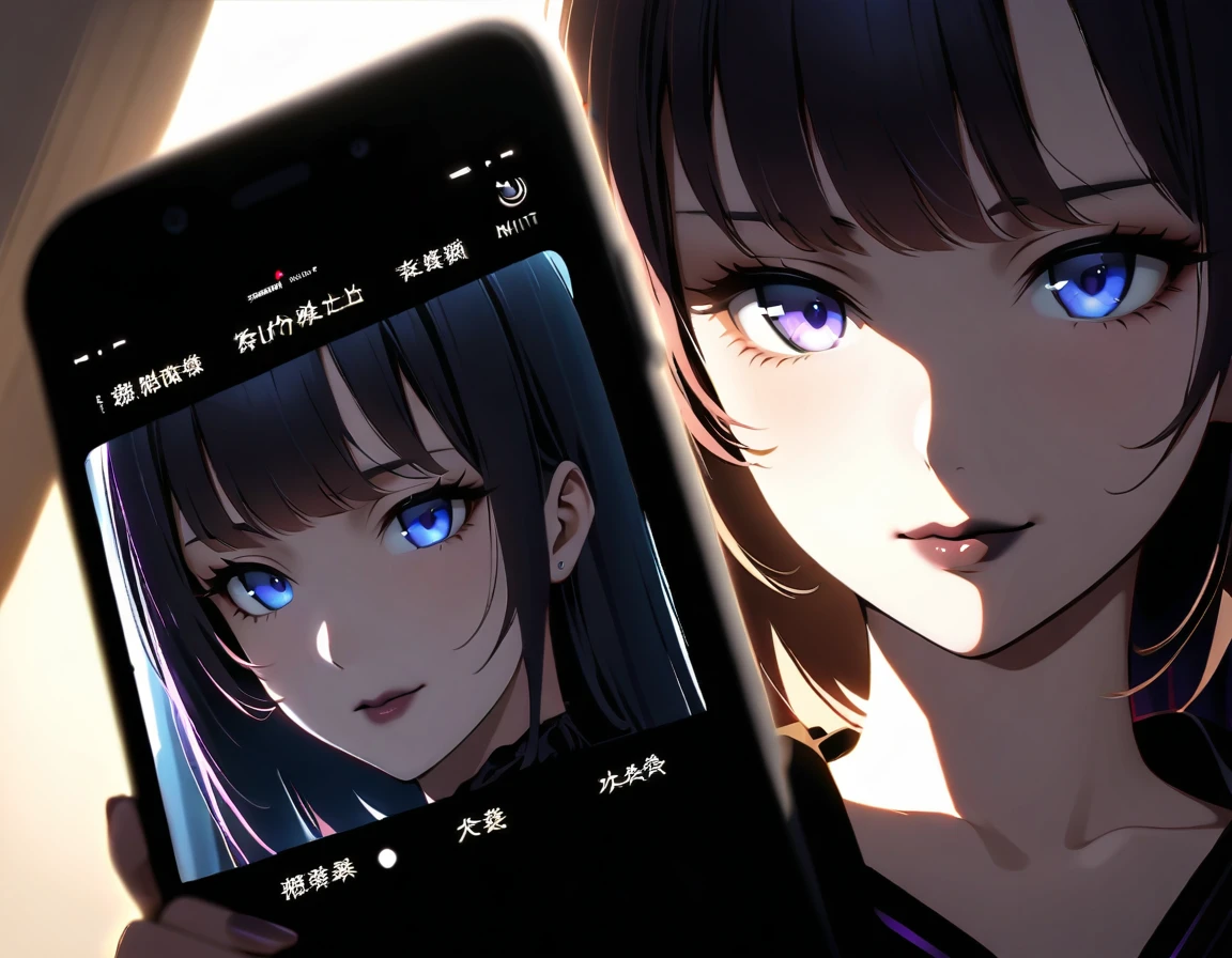 Close-up shot of the bewitching 35-year-old Japanese evil MILF's face, lighting soft and natural with a hint of dramatic shadows highlighting her porcelain skin. Her dark lips curve into a sensual smile as she gazes at the smartphone screen, eyes gleaming with malice. In the background, a subtle blur of news headlines and images of her deceased husband's funeral procession. Composition: subject-centered, with the smartphone dominating the frame. The setting is dimly lit, with a faint hint of morning sunlight peeking through the blinds, symbolizing the darkness that lies within.