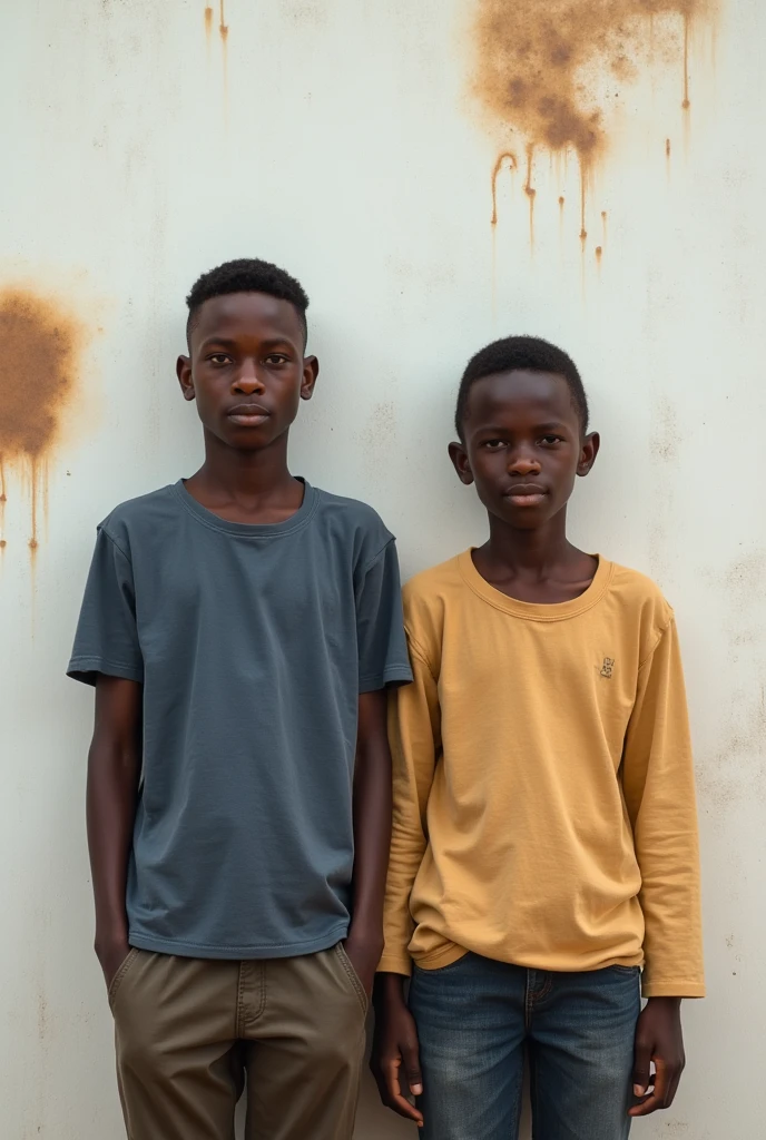 A 22 years old ethiopian lean boy wearing a shirt standing in-front of a white wall that have a stain near his head show his fully body from head to toe and add his identical twin brother that is taller than him next to him and creat a space between them change his outfit too and also add that the same exact stain next to his brother’s shoulder make it realistic too