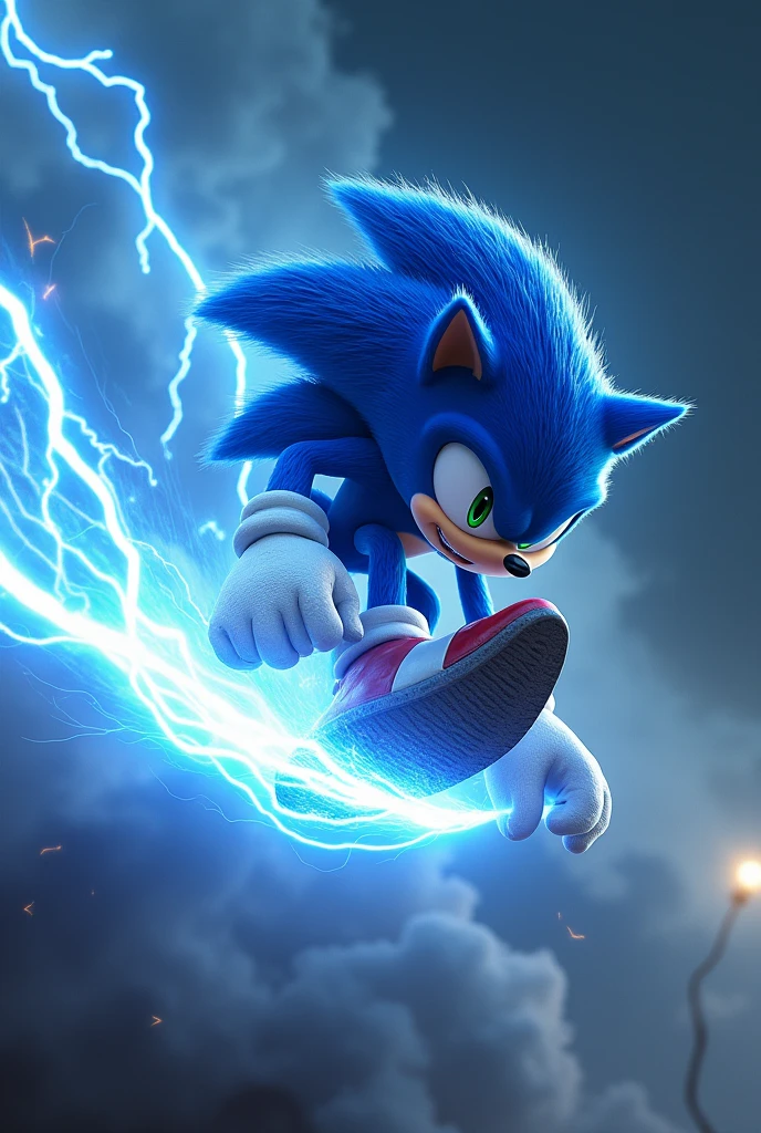 Sonic mounted and riding on a blue lightning bolt