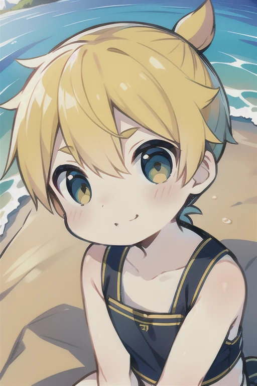 Highest quality, (high quality),eye highlights,arms are thin, thin body,put both hands on cheeks,face,from front,(portrait),((very short hair)),look at viewer,droopy eyes,smile,Pouting mouth,open your mouth and laugh,(((chilled boy))), (1 boy),kagamine len,yellow hair, spiked_hair,ponytail hair, swim suit,half pants,illustration, beach,sea, splash of water, float ring,