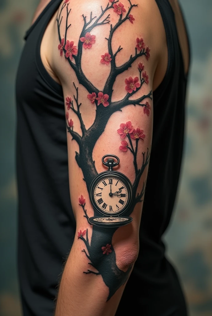 Arm tattoo of a watch tangled in the high branches of a cherry tree  

