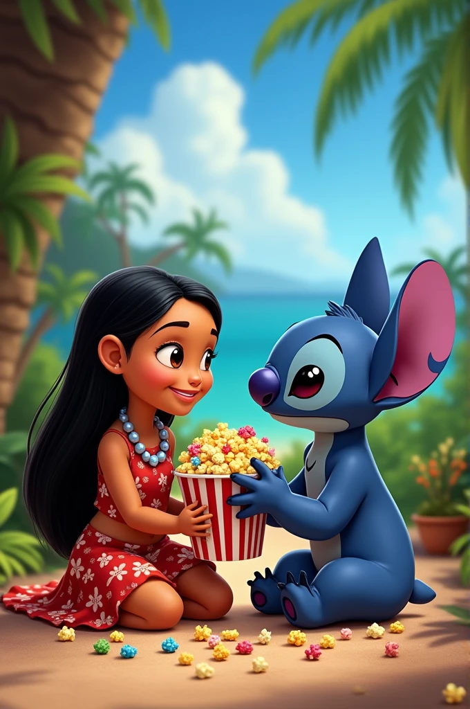 Lilo and Stitch eating colorful popcorn 