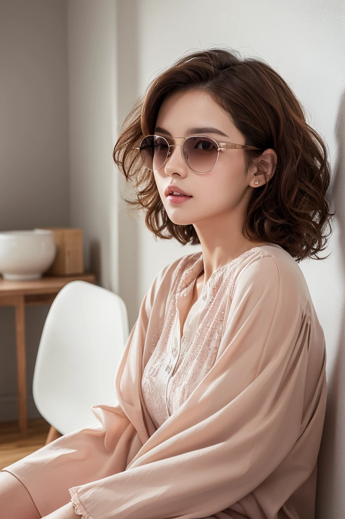 ((Masterpiece、Highest quality))、(Photo Reality:1.4)、((Masterpiece、8k))、White wall、(White Room)、((Full body photo))、Shooting in natural light、Highly detailed face and skin texture、Lips are very detailed、The exact state of the human body、Ultra-high resolution、(Photoreality:1.4)、Highest quality、1 middle-aged woman、40 years old、150mm lens、Transparent sunglasses、Thin lips、pinkish-brown hair、Perm medium cut、Deeply carved