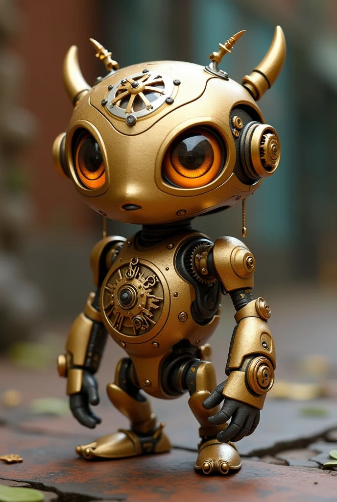 "Render a small Kwami-like creature based on a clockwork mechanism, in the style of Miraculous Ladybug. The Kwami, named Géar, has a mechanical design inspired by antique timepieces. Its body is a shiny bronze with visible gears and mechanisms integrated into its design. The Kwami's eyes are golden, resembling gears in motion. Its expression is intelligent and curious, with a slight air of mystery. The overall look should blend elements of steampunk and futuristic technology, with small, delicate limbs and some visible moving parts."