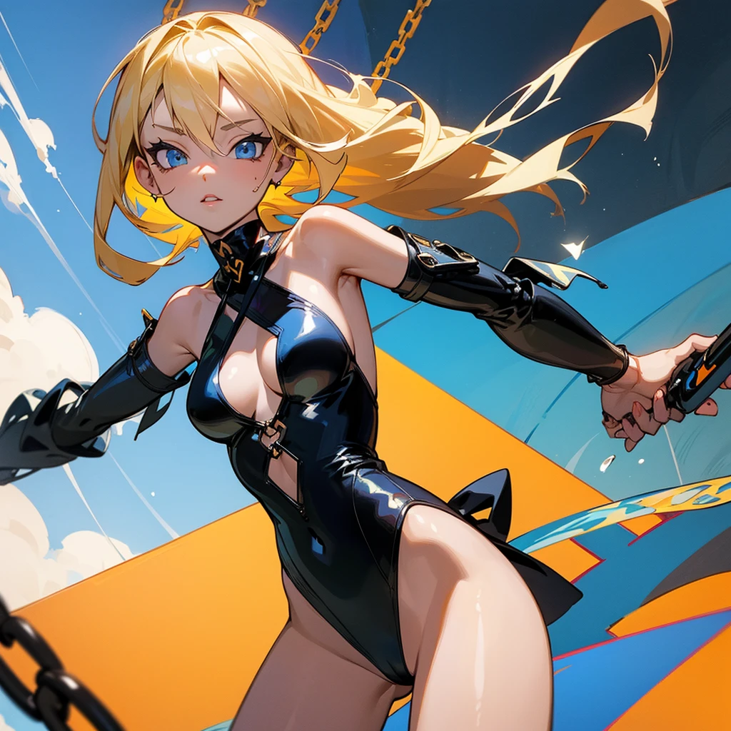 Hot spiritual young sexy girl blonde hair blue eyes trendy tatoos slick black cutout monokini chains straps side tie sunshine happy cute