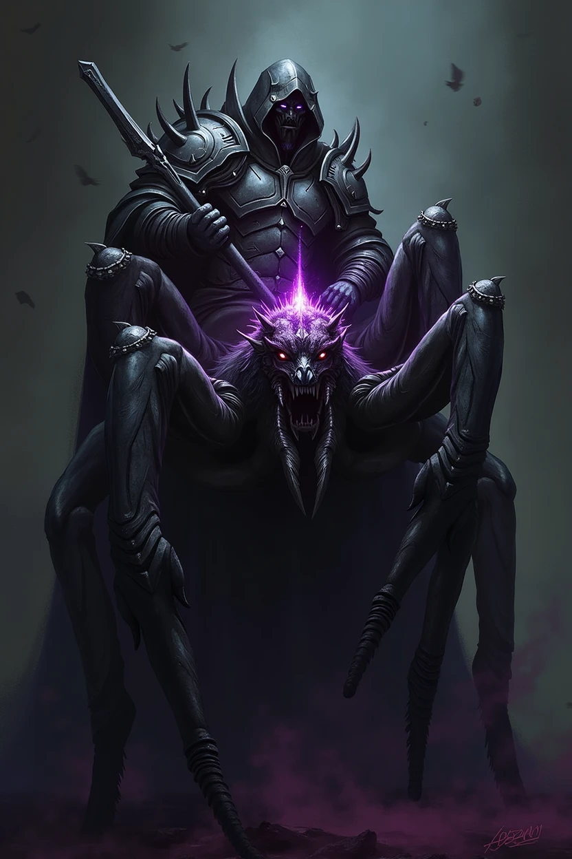 a spider that serves as a mount for a dark paladin.