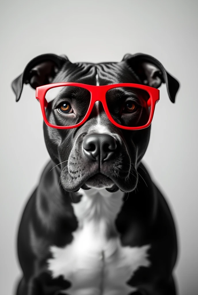 Black and white image, of a pitbull dog with red glasses