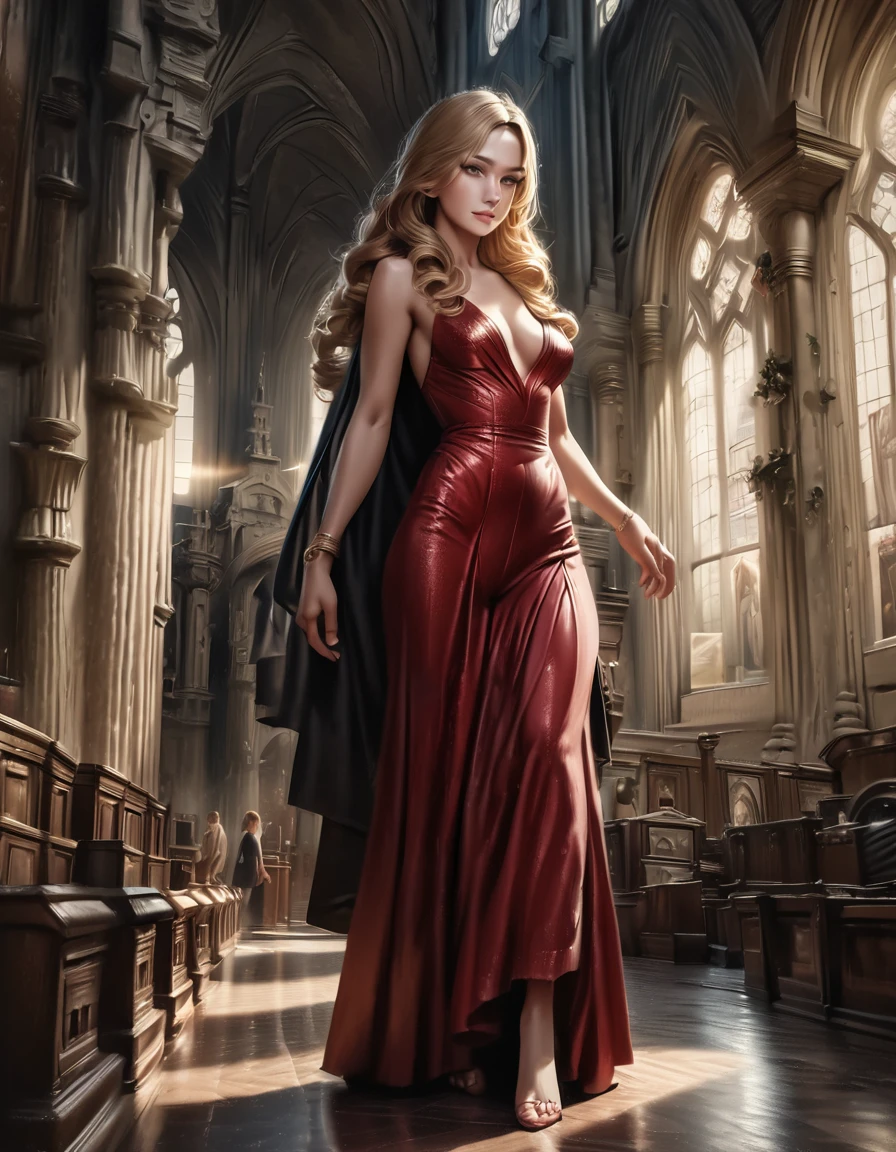 beautiful mature woman, slender, tall, long blonde curly hair, long black cape, red leotard long skirt, diamond long skirt, golden bracelets, dark soul, dim light, old church, (best quality,4k,8k,highres,masterpiece:1.2),ultra-detailed,(realistic,photorealistic,photo-realistic:1.37),european aristocrat,official style