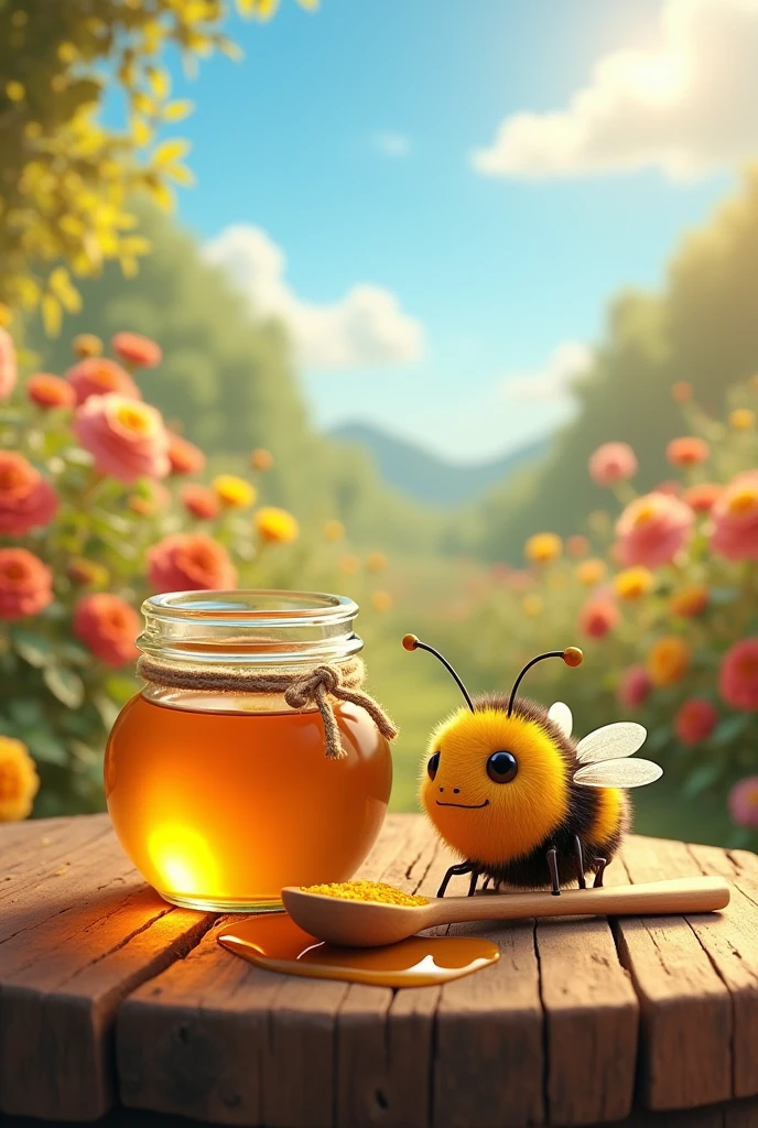 Beautiful shiny honey glass jar with a wooden spoon containing honey and honey dripping from the spoon as this spoon is diagonally next to the jar with a big sweet cute chubby furry bee with big eyes and having pollen flakes on its body and this honey jar is on a wooden table surrounded by beautiful flowers on a sunny blue sky day