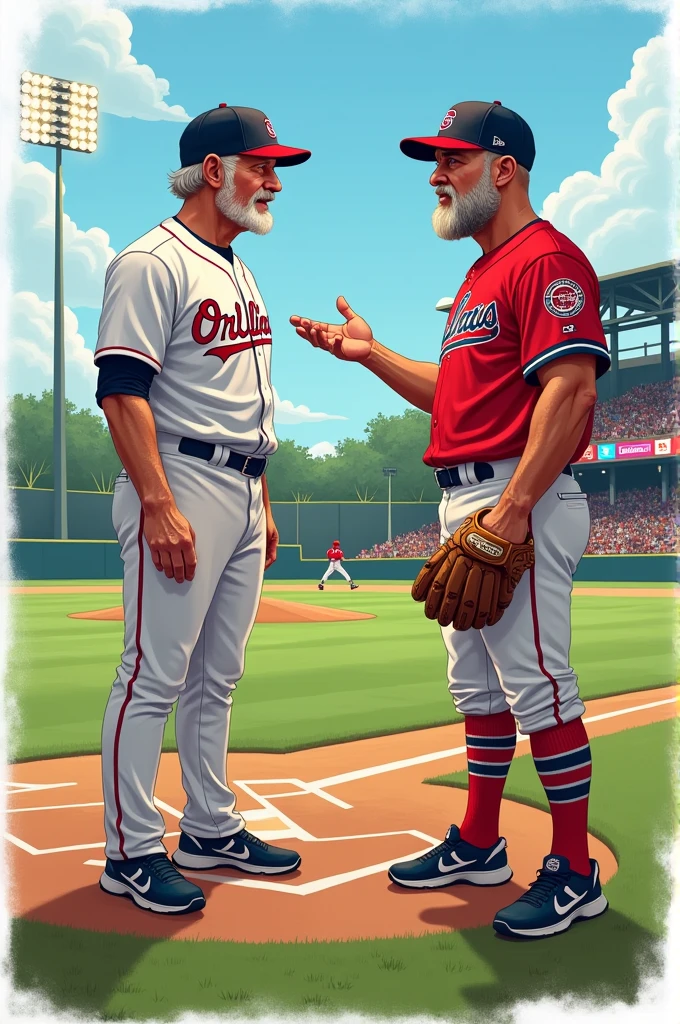 Drawing of a baseball coach asking his player to warm up
