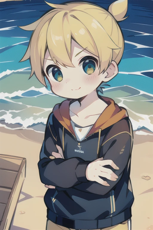 Highest quality, (high quality),eye highlights,arms are thin, thin body,put both hands on cheeks,face,from front,(portrait),((very short hair)),look at viewer,droopy eyes,smile,Pouting mouth,open your mouth and laugh,(((chilled boy))), (1 boy),kagamine len,yellow hair, spiked_hair,ponytail hair, swim suit,half pants,illustration, beach,sea, splash of water,