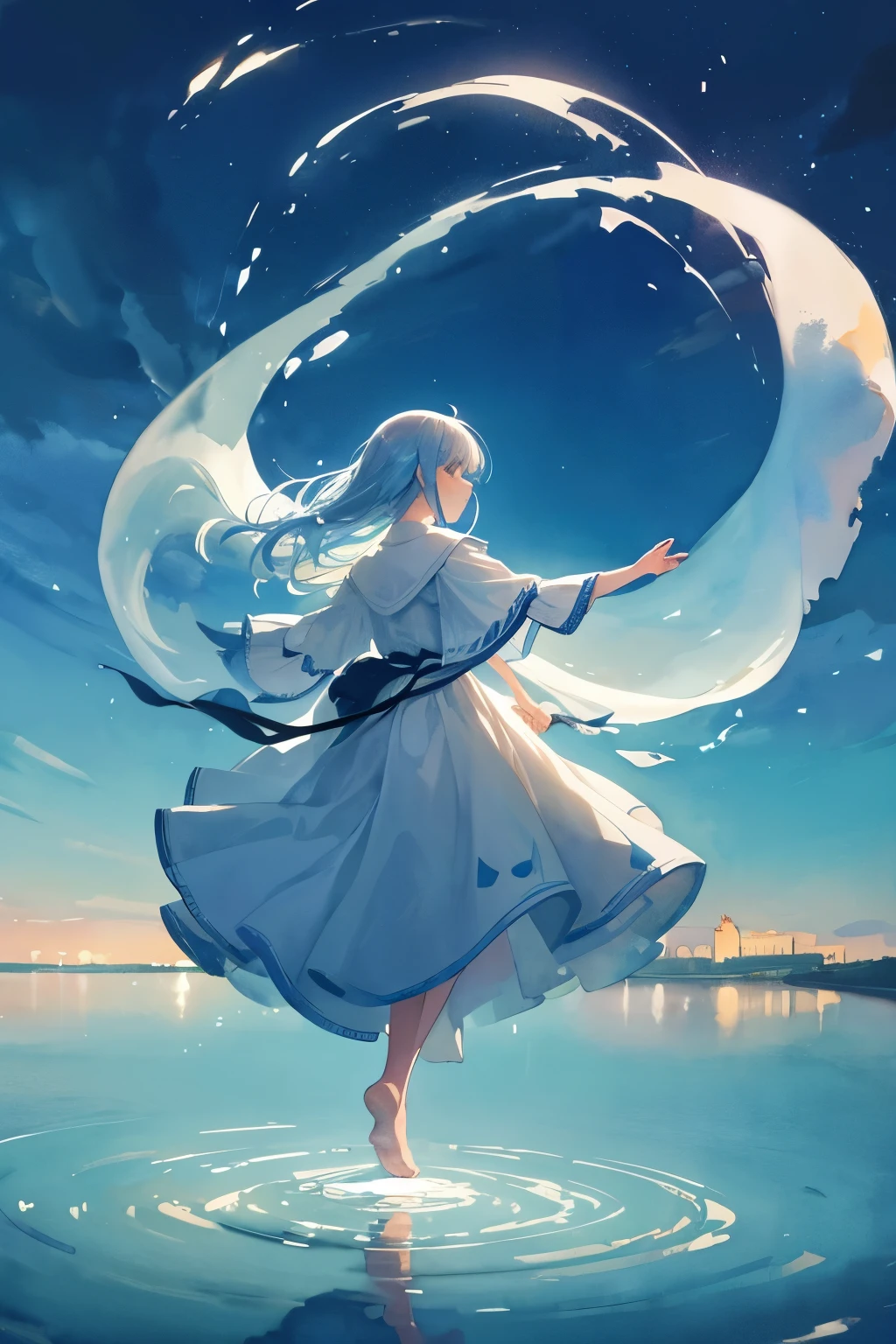 (Watercolor style, Ghost Art) + A majestic river with panoramic views + Costume bag (Overlooking) + (flow + Subtle reflection) + (blend + Splash) + (Light and shadow are clear + Swinging Dynamic)